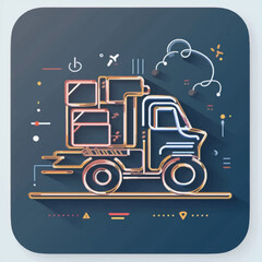 Stylized illustration of a delivery truck carrying boxes, depicted with outlined shapes and a modern, minimalist design.