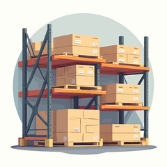 Warehouse racking system filled with cardboard boxes on pallets.