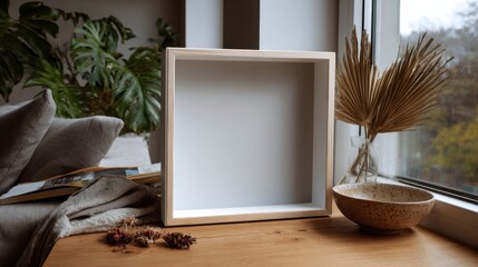 Minimalist display box on wooden table indoor photo cozy living room natural light home decor inspiration