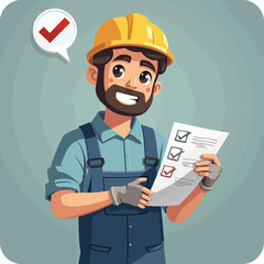 Smiling construction worker reviews a checklist, a cartoon illustration.