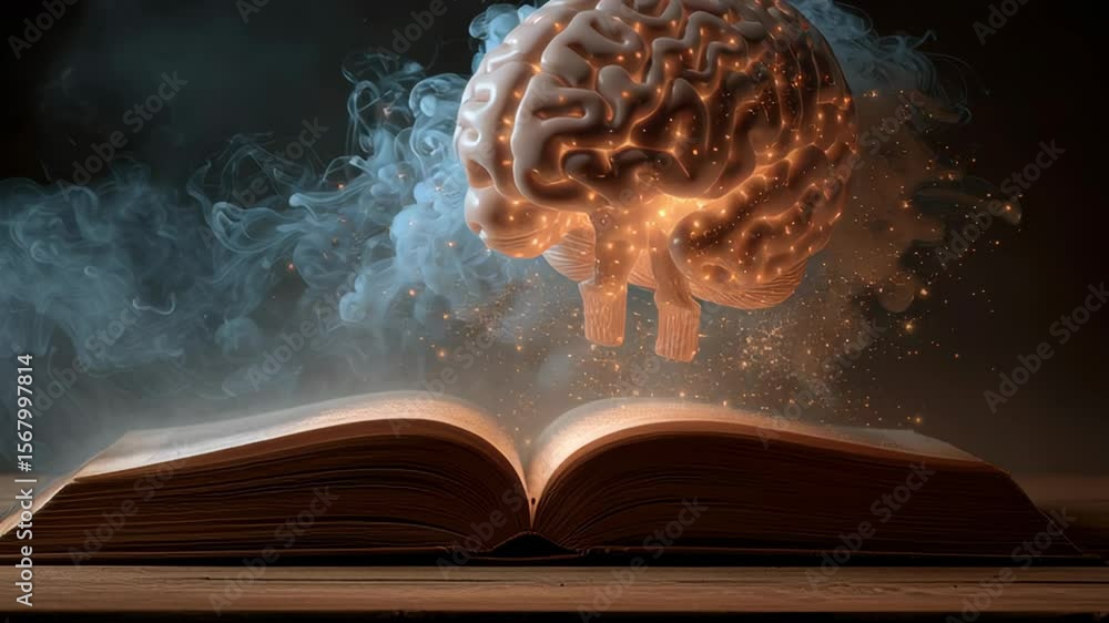 Poster creative depiction of a human brain emerging from an open book symbolizing knowledge and imagination