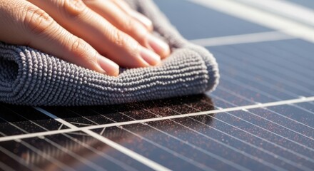 Cleaning solar panels with cloth in sunlight for optimal energy efficiency