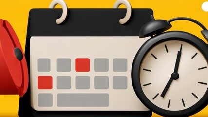 Colorful calendar and alarm clock illustration on bright yellow background representing time management concepts
