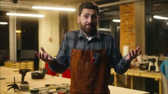 Confused Caucasian wood master man shrugging shoulders doubt gesture in workshop small business male artist designer incertitude woodworker craftsman hesitate guy uncertain feedback difficult question