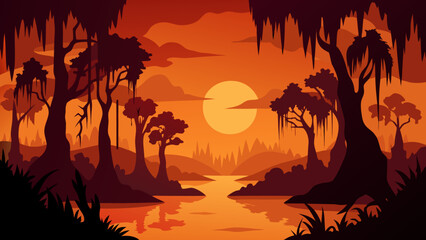 Moody Illustration of a Swampy Bayou at Sunset with Cypress Trees