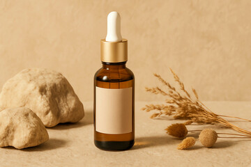 Amber glass dropper bottle on a beige textured surface with natural stones and dried plants. Minimalist spa-inspired scene with warm tones and soft daylight for organic skincare branding.