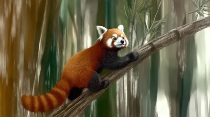 Digital painting of a red panda on a tree branch.  Red panda, forest, art