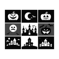 Obraz premium Halloween silhouette material set old castle and bats pumpkin and cat Premium Vector