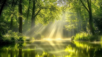 Fototapeta premium Sunlit Forest Lake: Serene Beams of Light Piercing Through Lush Greenery