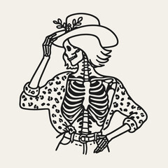 Fototapeta premium Cowgirl Female skeleton with leopard print a playful lift. Cowboy Western American Cartoon Animal Clipart Line Art Vector Illustration. .