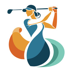 Stylized Vector of Female Golfer Swinging Club in Dynamic Pose