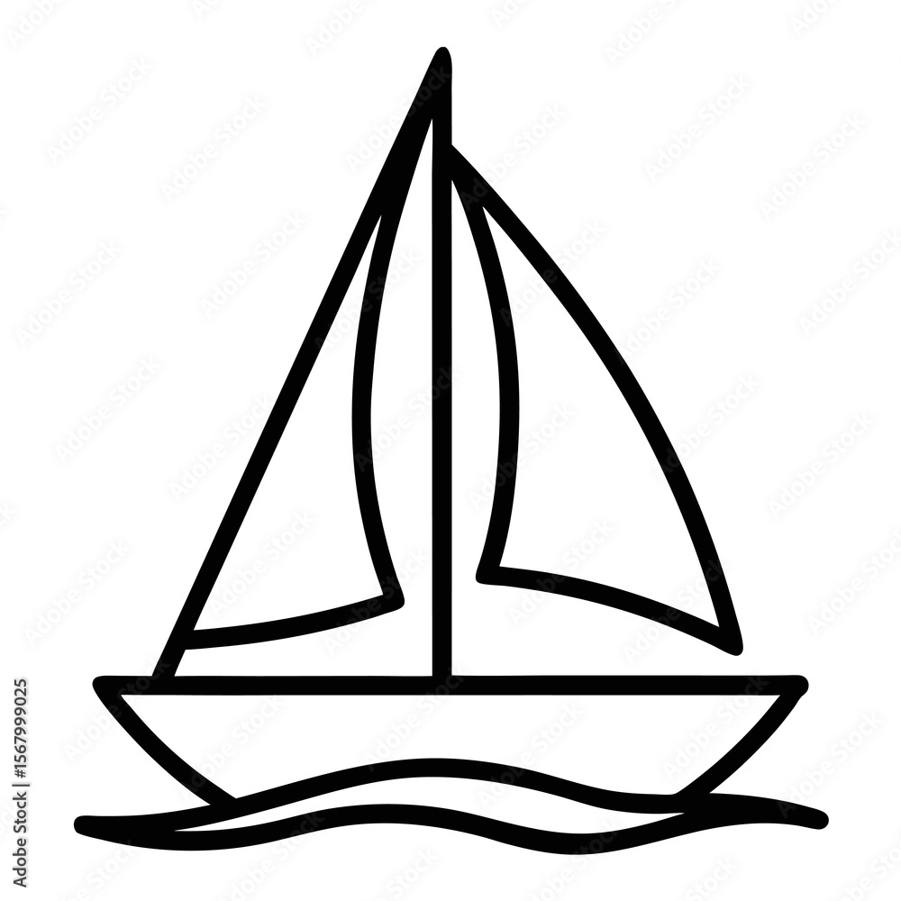 Poster a simple graphic of a sailboat with two sails depicted in a minimalist outline style drawing on whit