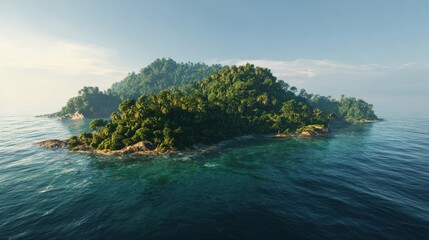 Lush tropical island covered in green trees and palms surrounded by clear turquoise ocean water