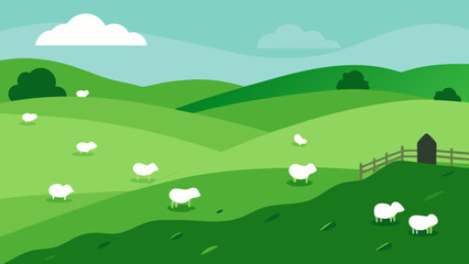 Peaceful Scene of a Flock of Sheep Grazing on Rolling Hills Landscape