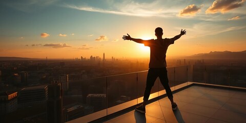 Fototapeta premium Silhouette of figure stretching on sunlit terrace, overlooking cityscape, wellbeing, clouds