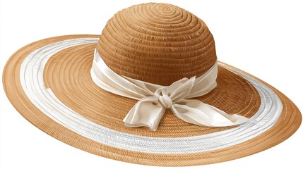 Elegant tan sunhat with white ribbon and brim detail on a white background