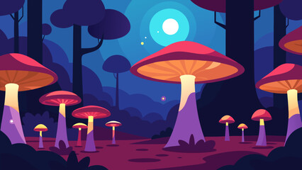 Scene of a Vast Fungal Forest with Giant Glowing Mushrooms Mystical Landscape