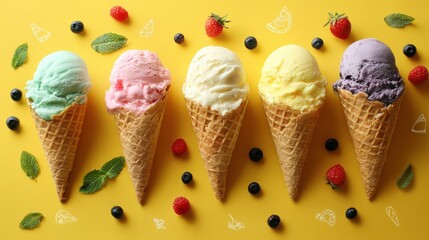 Five ice cream cones with varying flavors berries and mint leaves on a bright yellow background