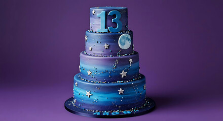 Stellar Celebration Cake: A meticulously crafted four-tiered cake, adorned with celestial motifs, celebrates a milestone with elegance and grace.
