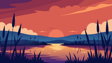 Sunset Over Vast Marshland Water Reflection Serene Nature Landscape