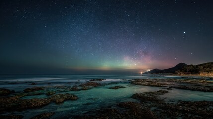 Starry night sky illuminates a rocky shoreline with gentle waves and distant mountains a tranquil