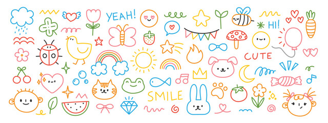Cute kids doodle. Hand drawn children elements. Simple colorful line sketch kid scribble. Flowers, clouds, rainbow, animals, funny characters. Child kindergarten drawings. Vector set © Foxy Fox