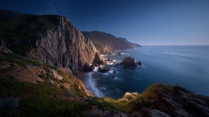 Rocky cliffs along a dark ocean under a starlit sky featuring green vegetation and crashing waves