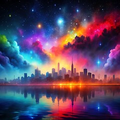 City skyline reflects in water under a colorful starry sky