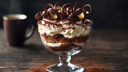 Chocolate curl arrangement delicately positioned atop layered tiramisu featuring mascarpone cream, cocoa powder, and golden accents in crystal stemware on dark wooden surface