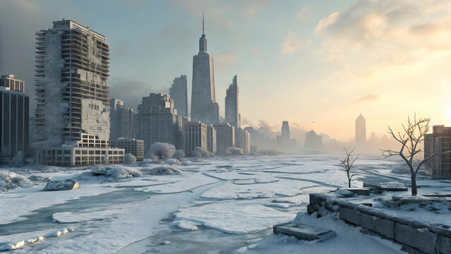 Moscow's winter city panorama at sunset, with snow-covered skyscrapers and architectural landmarks defining the urban skyline - Powered by Adobe