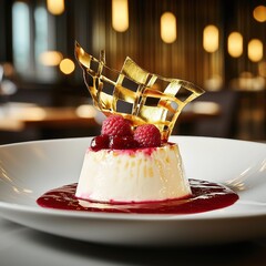 Gold leaf garnish elegantly crowning luxurious panna cotta with fresh raspberry and berry coulis in premium restaurant setting