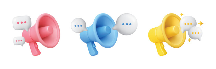 3d megaphone with speech bubble. Voice message. Realistic loudspeaker with speech banner, talk bubble. Announcement and communication concept. Promo icon vector set
