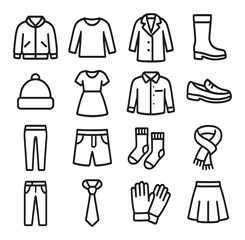 Fashion icon collection, stylish apparel and clothing symbols. wardrobe essentials set