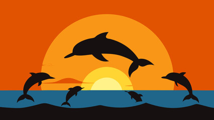A Vector Illustration Of A Pod Of Dolphins Leaping From The Ocean At Sunset