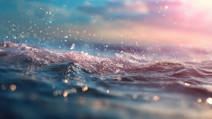 Ocean surface shows a small wave with splashing water and bokeh lights at sunset over the horizon