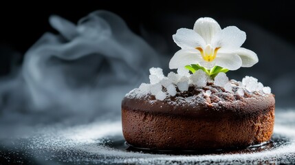Crystallized flowers arrangement showcasing artisanal white orchid decoration with crystal formation on luxury chocolate dessert