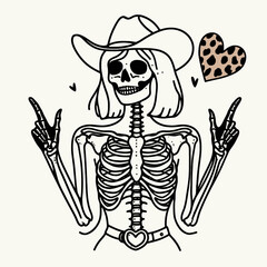 Cowgirl Female skeleton with leopard print Heart Hands Gesture. Cowboy Western American Cartoon Animal Clipart Line Art Vector Illustration. .