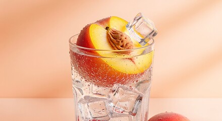 A vibrant, halved peach with its pit sits partially submerged in a glass of ice water, showcasing condensation, against a soft orange background