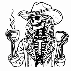 Cowgirl Female skeleton with leopard print hold coffee mug drink coffee. Cowboy Western American Cartoon Animal Clipart Line Art Vector Illustration. .