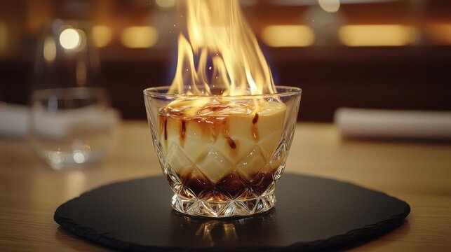 Custard flambe process showing elegant crystal glass with burning alcohol flames on dark slate serving plate with warm restaurant lighting in background