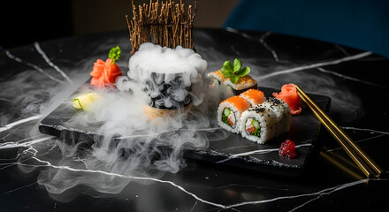 Sushi Platter with Dry Ice Smoke Artistic Japanese Cuisine on Black Marble Surface