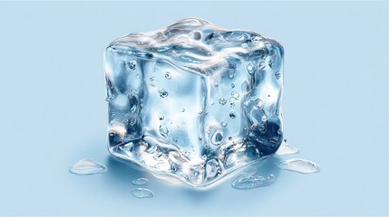 A single, transparent, cube-shaped ice cube rests on a light-blue surface, with water droplets visible