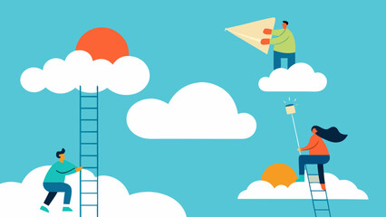 A Whimsical Fantasy Scene Of People Harvesting Fluffy Clouds From The Blue Sky