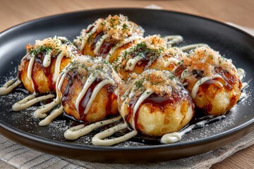 Takoyaki octopus-filled batter balls topped with sauce, arranged on black plate. Concept of takoyaki as delightful street food, served warm, enticing flavors inviting enjoyment.