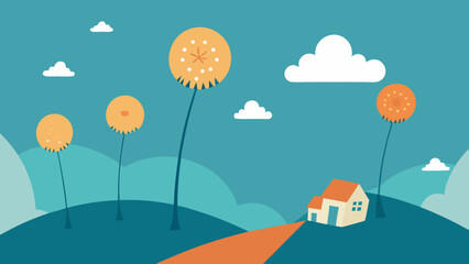 A Whimsical Fantasy Scene Of A Valley Filled With Giant And Fluffy Dandelions