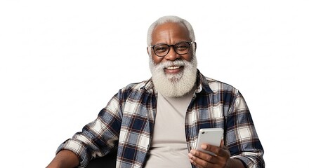 Happy Senior African American Man with White Beard and Smartphone