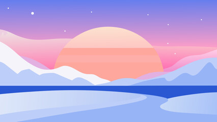 A Beautiful Winter Sunset Over A Frozen And Completely Snow Covered Landscape