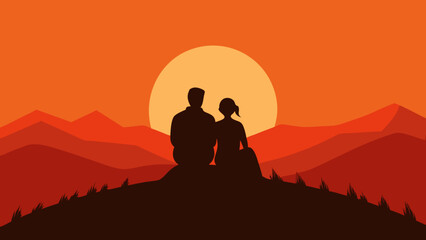 The Romantic Silhouette Of A Pair Of Lovers Sitting On A Hill Watching The Sunset