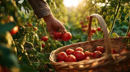 Hand picking ripe red tomatoes from the vine placing them into a woven basket in a garden at sunset