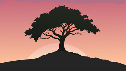 The Majestic Silhouette Of A Sprawling Ancient Oak Tree Against A Sunset Sky